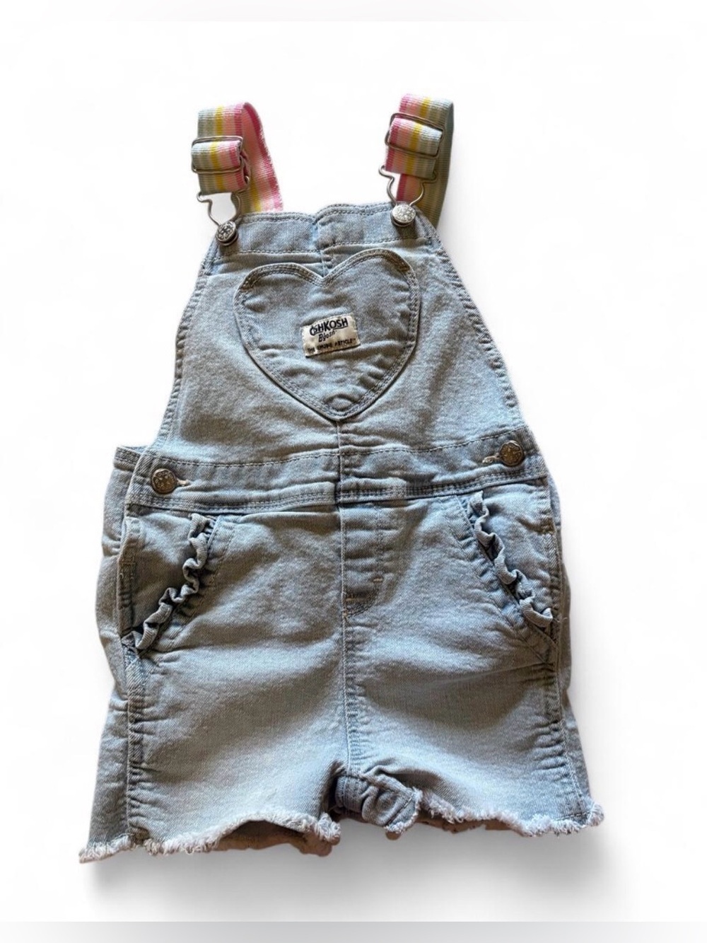 OshKosh B'gosh Light Blue Denim Heart-Pocket Short Overalls with Striped Straps